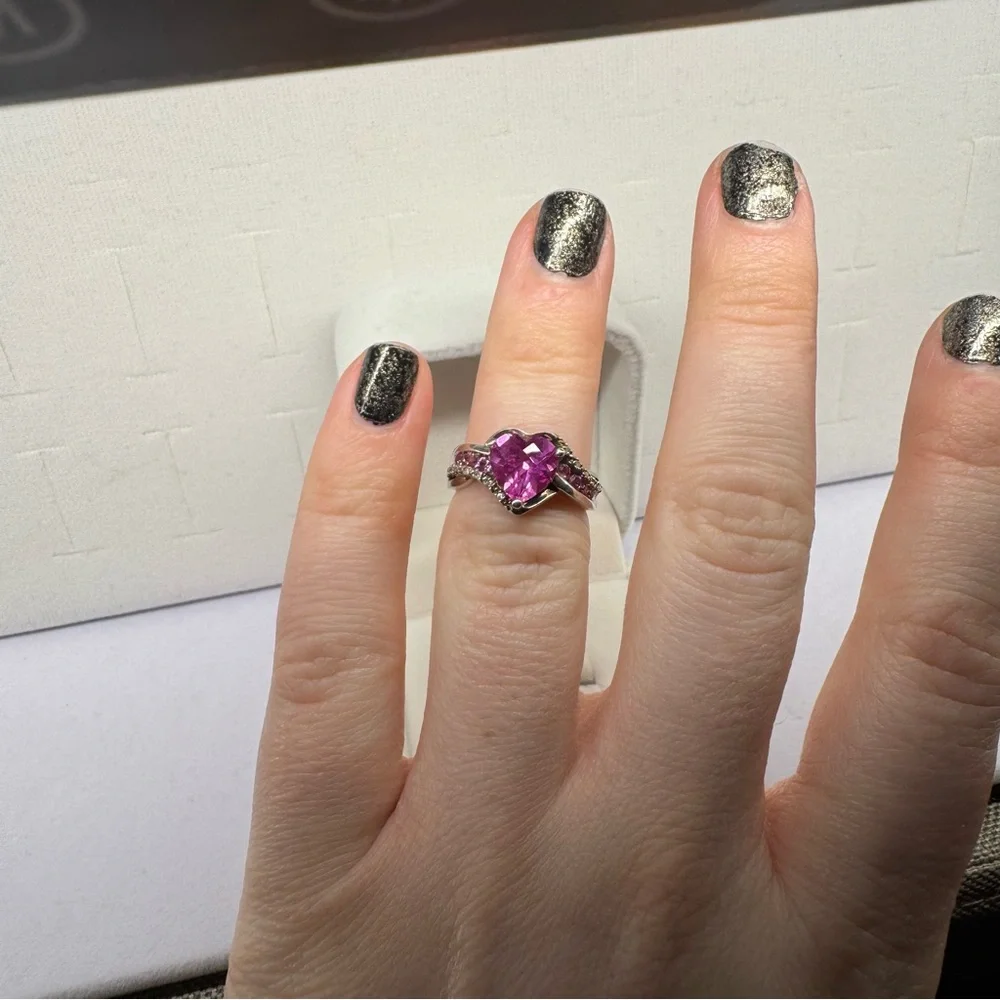Pink Sapphire & Diamonds & Topaz 925 Sterling Silver Ring Size 5.5